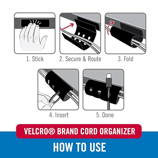 VELCRO Brand Cord Organizer for Desk & Nightstand, 5 Cable Slots with Sleeve Routing, Adhesive Wire Holder for Cord Management, Home, Workshop, Gaming & Office Essentials, Black 2 Pack