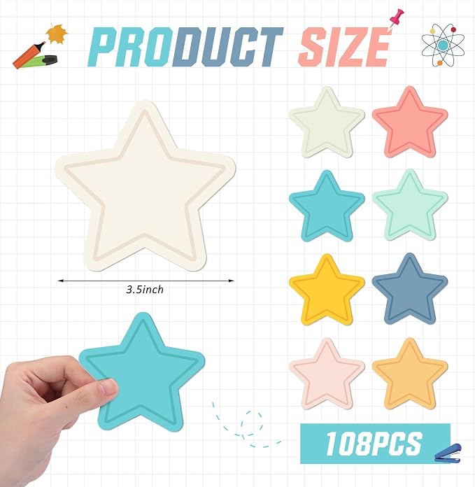 Geyee 108 Pcs Star Cutouts Paper 3.5 Inch Boho Classroom Decor Bulletin Board Stars Assorted Pastel Colors Die Cut for Teachers DIY Craft Projects Office School Chalkboard Wall Decor
