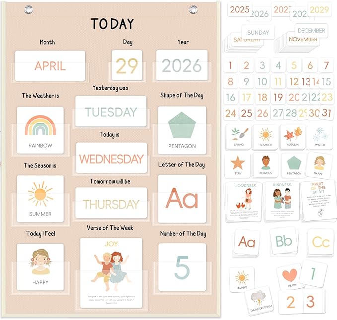 ALSLEA All About Today Calendar and Weather Pocket Chart, 21½" x 14¼" Small Boho Calendar for Kids, Preschool Circle Time Learning Center Toddler Learning Activities Chart, Homeschool Teacher Essentials 155 Cards