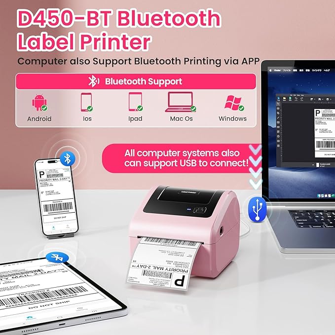 Bluetooth Thermal Label Printer with Built-in Label Compartment | D450BT 4x6 Pink Shipping Label Printer for Small Business, Shipping Packages, Office, Home, Compatible with USPS, Tiktok