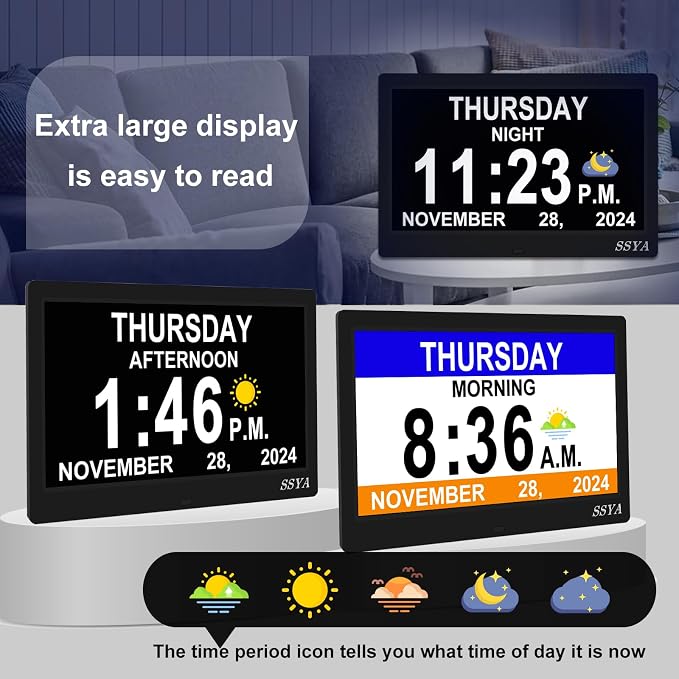 SSYA Dementia Clock for Seniors, Digital Clock with Date and Day of Week, Auto DST, Non-Abbreviated Large Calendar Alarm Clocks (Black)