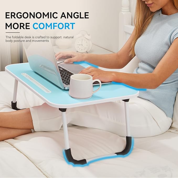 BUYIFY 23" Foldable Lap Desk for Laptop Writing w/Cup Holder Blue | Sturdy and Durable, Laptop Bed Desk with Tablet Slot, No Assembly, Space Saving for Bed Couch Dorm WFH Students
