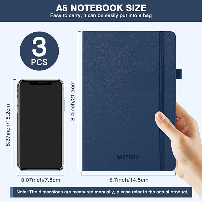 Lined Journal Notebook, with Pen, Leather Hardcover, A5 (5.7"x8.4"), 3 Pack, for Women Men, Work, Writing, Travel