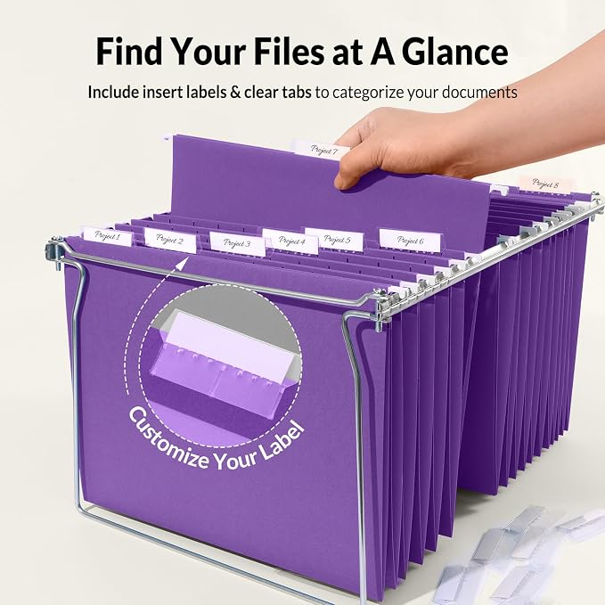 SUNEE 25 Pack Hanging File Folders, Purple Folders, Hanging File Folders Letter Size with 1/5-cut Tabs, Stay Organized for Your Home and Office Bulk File and Documents