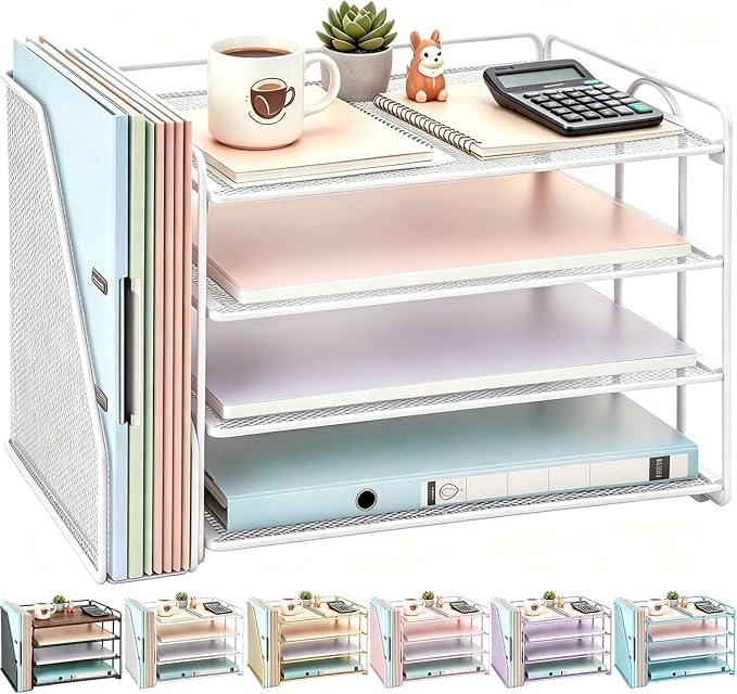 gianotter 4-Tier Paper Organizer With Magazine Holder, Desk Organizers and Accessories, Desk Accessories & Workspace Organizers, File Organizer for Office Supplies Storag (White, 4-Tier)