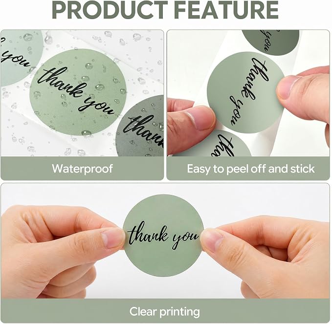 500Pcs Sage Green Thank You Stickers Roll Bold Font, 1.5 Inch Round Labels with 6 Colors for Small Business, Self-Adhesive Waterproof Stickers for Business Packaging Orders Gift Bags Boxes Envelopes