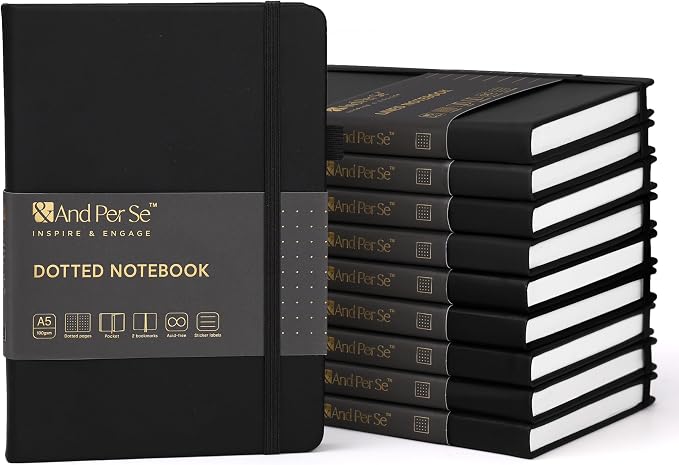 &And Per Se 10-Pack Dotted Notebooks, A5 Hardcover Dotted Journal Set, 160 Pages, 100gsm Paper, Office Supply Bulk Order, Corporate Workshop Materials – 3 Sticker Sheets Each (Black)