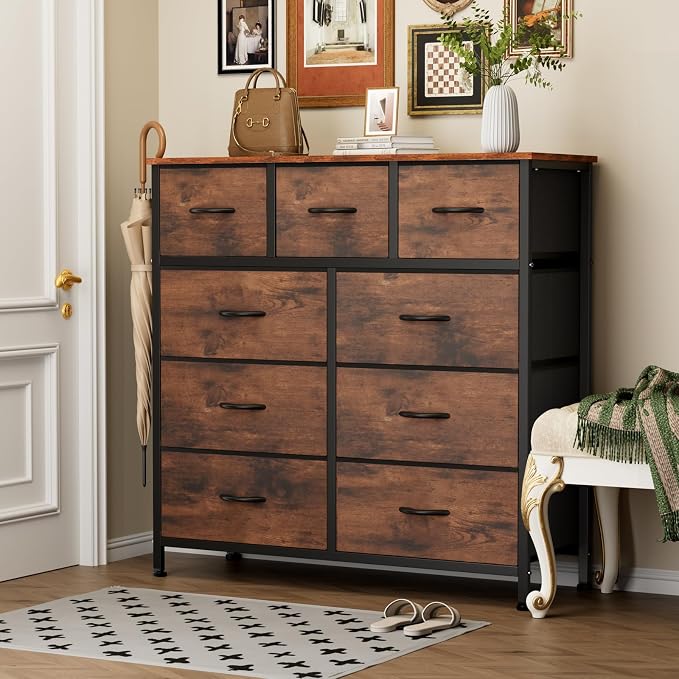 Sweetcrispy 9-Drawer Fabric Dresser Storage Tower with Wood Top and Steel Frame, Organizer Chest with Easy Pull Handles for Bedroom, Closet, Hallway,Distressed Brown