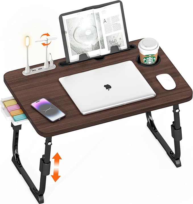 Lap Desk for Bed, Adjustable Laptop Desk with USB Charging Port, Storage Drawer & Bookshelf — Foldable Bed Desk for WFH & Students, 23.6" Desktop Fits 21" Laptop, Non-Slip, Walnut