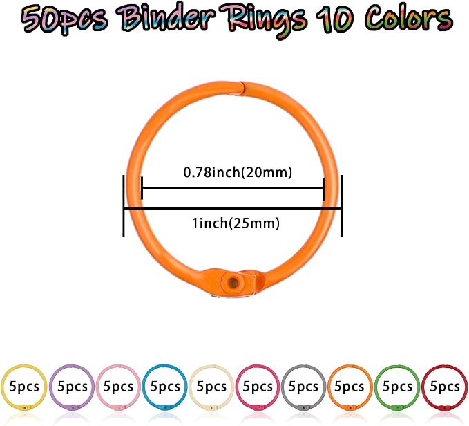 Antner 50PCS Metallic Binder Rings 1 Inch Colorful Loose Leaf Rings for Index Cards, Metal Steel Book Rings Keychain Key Rings Notebook Rings for School Office Home, 10 Colors