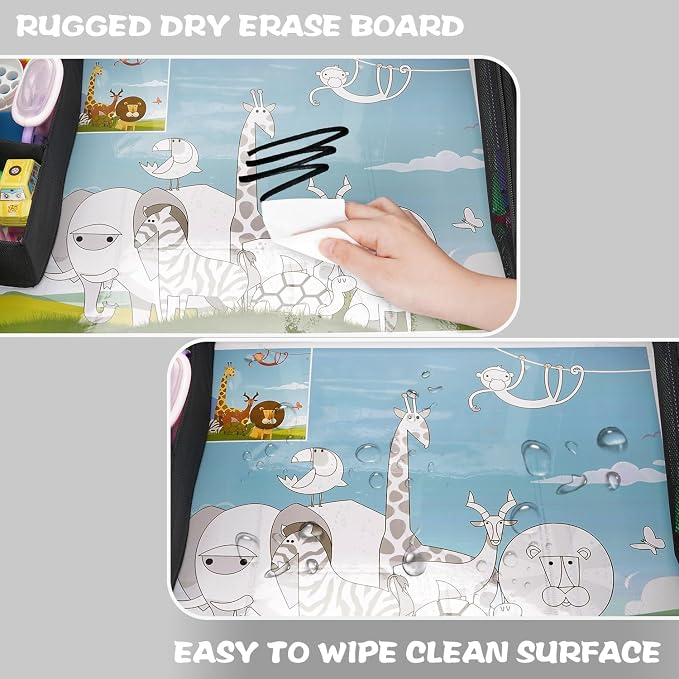 MENZOKЕ Kids Travel Tray, Road Trip Activities for Kids Toddlers | Toddler Car Activities with No-Drop iPad Holder Stand, Roadtrip Essentials with Dry Erase Board & Cooler Cup Holder, Black