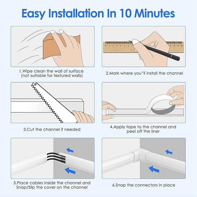 Yecaye Cord Hider, 125In Cord Covers for Wall Mounted TV, White Cable Management Kit, Wire Hiders and Concealer for 3 Cords on Wall, W0.98in H0.51in, White