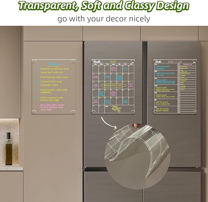 JJPRO Non-Magnetic Dry Erase Calendar for Fridge-Reusable Monthly&Weekly Planning Board and Blank Clear Board Bundle for All Smooth Surfaces. Clear Reusable Board Sticks to Fridge,Wall,Door&Glass