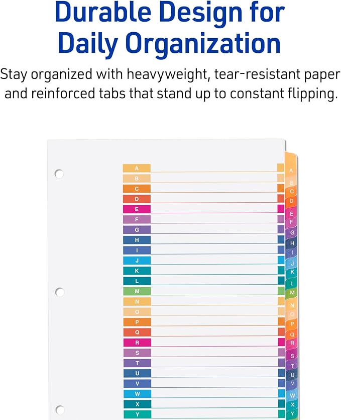 Avery A-Z Dividers for 3 Ring Binders, 26 Tabs per Set, Customizable Table of Contents, Multicolor Tabs, Great for Organizing Reports, Projects, and More (11125)