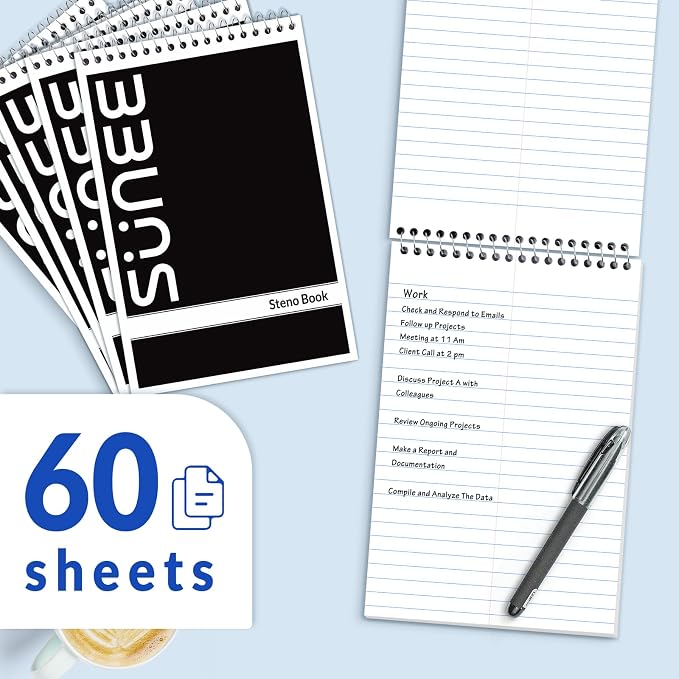 SUNEE 5 Pack Steno Pads 6x9, Gregg Rule, 60 Sheets, Spiral Notebook 6x9, White Paper, Take Notes with Top Spiral Notebook, for School, University, College, Work, Office, Black