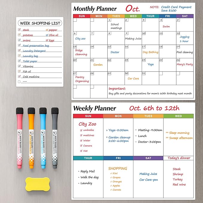 Dry Erase Magnetic Calendar for Refrigerator, 3 Pack- Monthly & Weekly & Daily Planner Magnet Whiteboard for Fridge Wall Door - Shopping, Meal/Menu, To Do List, Family Schedule Planning Board, 14"x11"
