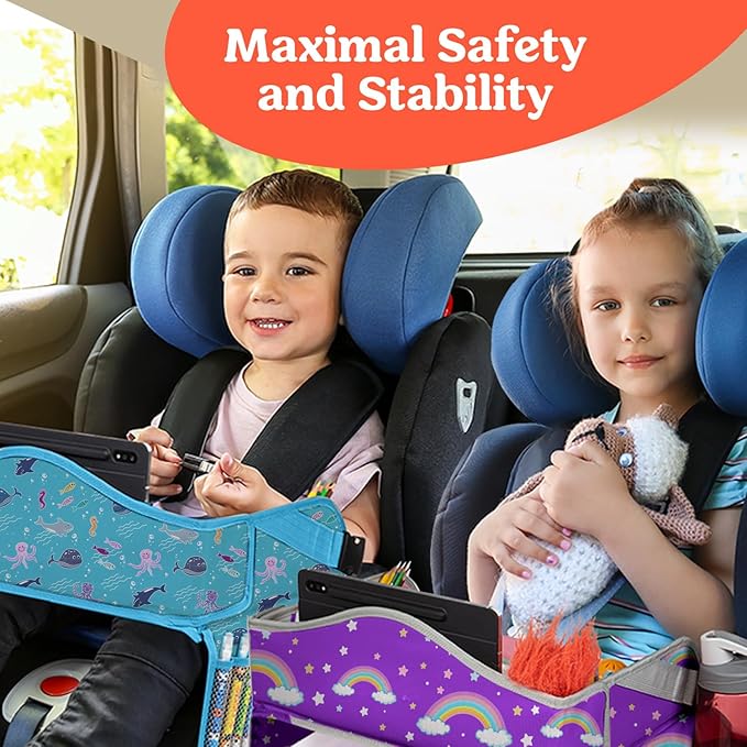 PILLANI Kids Travel Tray for Car - Car Seat Tray for Kids w/ Tablet & Cup Holder - Toddler Travel Activities for Car & Airplane - Road Trip Essentials & Must Haves - Carseat Table Roadtrip Activities