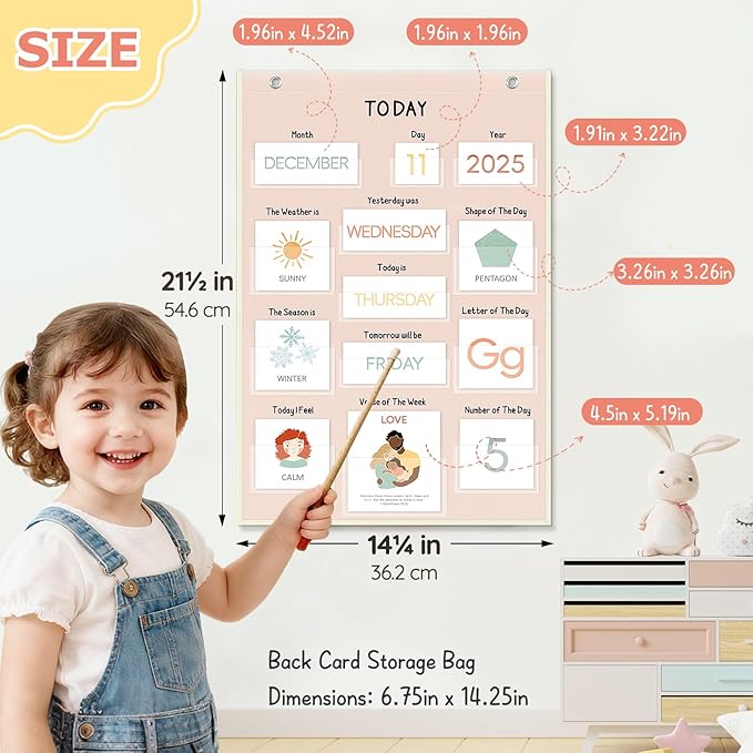 ALSLEA All About Today Calendar and Weather Pocket Chart, 21½" x 14¼" Small Boho Calendar for Kids, Preschool Circle Time Learning Center Toddler Learning Activities Chart, Homeschool Teacher Essentials 155 Cards