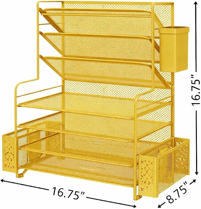 Simple Trending 7 Tier Desk File Organizer, Letter Tray Paper Organizer with Pen Holder and Metal Hanging Basket, Gold