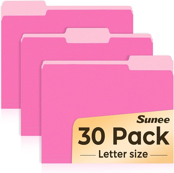 SUNEE File Folders, 30 Pack Manilla Folders 8.5 x 11, Colored File Folders Home Office School Supplies for Documents Files Paper, Neon Pink