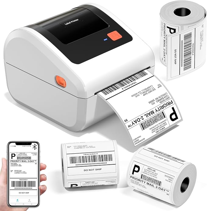 Bluetooth Shipping Label Printer with 3 Roll Labels | D450BT White Thermal Label Printer 4x6 for Small Business, Thermal Printers Come with 750PCS 4x6‬ Labels (250 Labels/Roll)