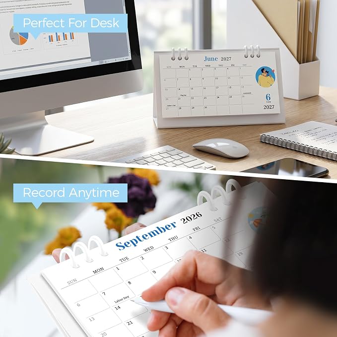 KONVINIT Small Desk Calendar 2025-2027, Blue 2026 Desk Calendar - 6.3" x 3.1" - Runs From July 2025 Until June 2027, 24 Months Mini Desktop Calendar for School, Home and Office Supplies