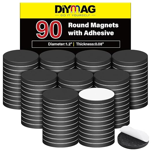 DIYMAG 90Pcs Magnetic Dot with Self Adhesive, Round Magnets Magnetic Tape Flexible Magnet Sheets with Adhesive for Crafts, Photos and Die Storage Easy Peel and Stick, 1.2 x 0.08inch