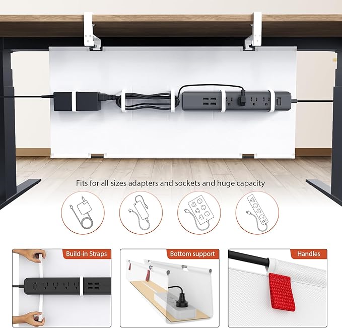 Univivi No Drill Under Desk Cable Management Tray, 28" Cord Organizer for Table, Clamp/Screw Mount Desk Cable Management, Premium Fabric Cable Management Tray for Office, Home