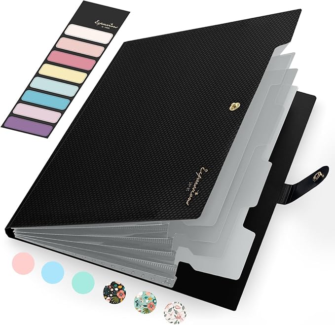 Sooez Accordion File Organizer, Expanding File Folder with Labels, 5 Pocket Folders for Document, Portable Paper Bill Receipt Organizer for Office College School Essential Supplies, Letter Size, Black