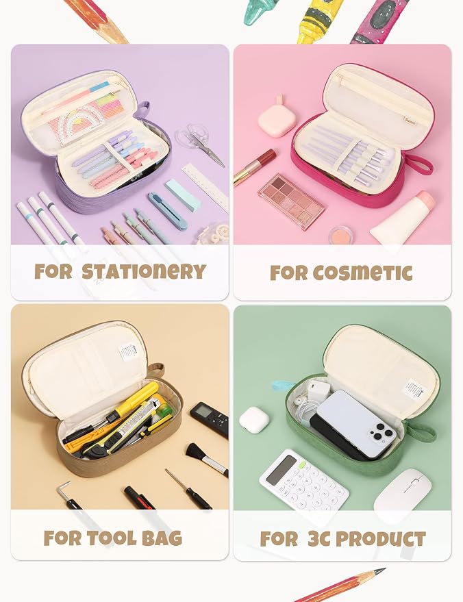 SUNEE Cute Pencil Case, Large Pencil Pouch, Soft Corduroy Fabric Big Pencil Bag with Zipper, Kawaii Pen Bag Stationery Storage and Organizer, School Supplies for Teen, Student, Boys, Girls, Khaki