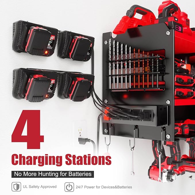 Spampur Fathers Day Gift – Power Tool Organizer Wall Mount with Charging Station, 420 lb Capacity 3-Tier Storage Rack Holds 6 Drills, Side Slots for Screwdrivers & Bits, Garage Storage for Men Gifts | Max 420lb Load by Heavy Duty Metal, 6 Slots for Cor...