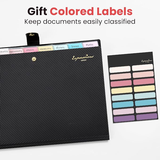 Sooez Accordion File Organizer 8 Pocket, Expanding File Folder with Labels, Folders for Document, Portable Paper Bill Receipt Organizer for Home School Office College Supplies, Letter A4 Size, Black