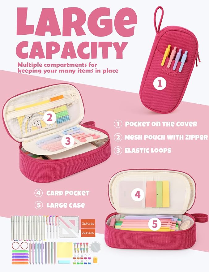 SUNEE Cute Pencil Case, Large Pencil Pouch, Soft Corduroy Fabric Big Pencil Bag with Zipper, Kawaii Pen Bag Stationery Storage and Organizer, School Supplies for Teen, Student, Boys, Girls, Berry Pink