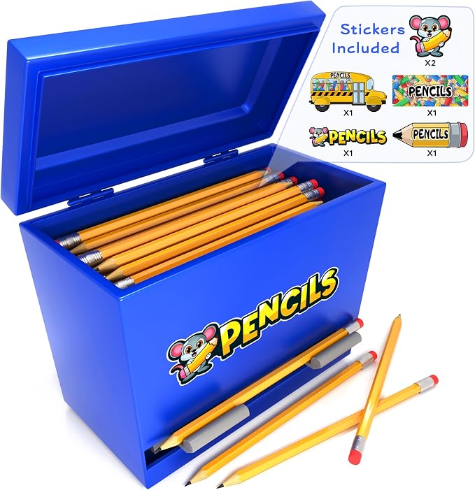 Pencil Holder Blue Stainless Steel Dispenser with 6 Beautiful stickers for Decoration Metal Pencil Dispenser for Classroom Home Office Teachers Students (Pencils Not Included)