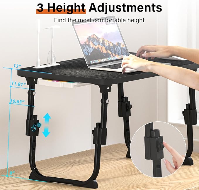 Lap Desk for Bed, Adjustable Laptop Desk with USB Charging Port, Storage Drawer & Bookshelf — Foldable Bed Desk for WFH & Students, 23.6" Desktop Fits 17" Laptop, Non-Slip, Black