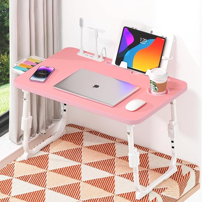 Lap Desk for Bed, Adjustable Laptop Desk with USB Charging Port, Storage Drawer & Bookshelf — Foldable Bed Desk for WFH & Students, 23.6" Desktop Fits 20" Laptop, Non-Slip, Pink