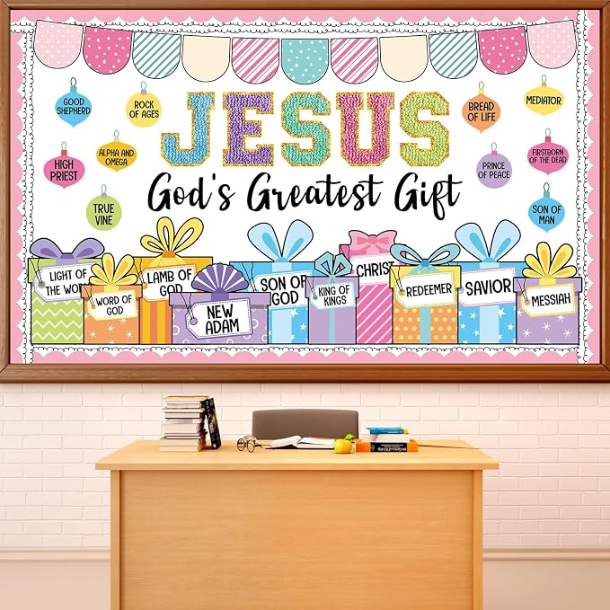 Christmas Bulletin Board Decorations Set Jesus God's Greatest Gift Christmas Classroom Bulletin Board Decor Religious Christian Xmas Ball Gift Boxes Cutouts for Holiday Church Sunday School Door Wall