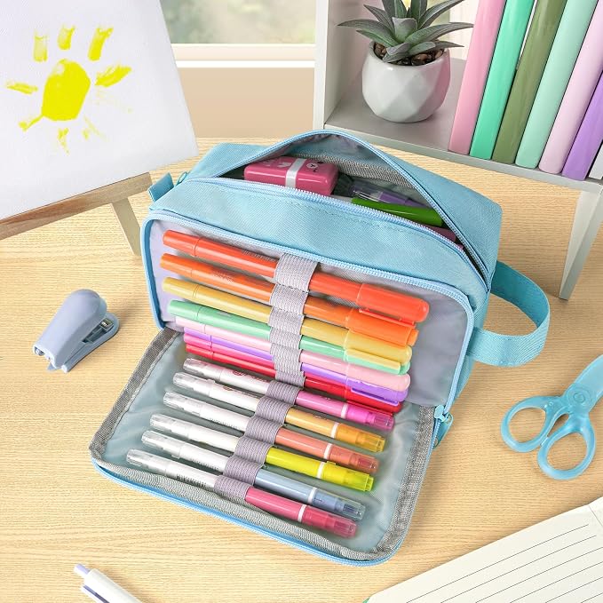 Sooez Original High Capacity Pencil Case, Big Pencil Bag Pouch Box Organizer Pen Case, Aesthetic Supply for Girls Adults, Portable Journaling Supplies with Easy Grip Handle & Loop, Blue