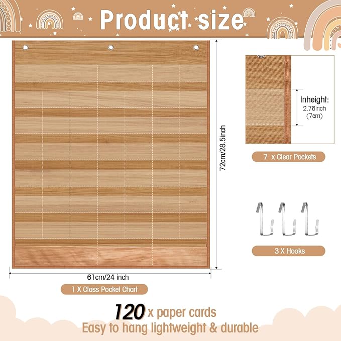 Sinload Classroom Calendar Pocket Chart Set Calendar Bulletin Board Set Seasons Festival Weather Pocket Chart for Classroom Decoration Back to School Supplies(Neutral Boho,Wood Color)