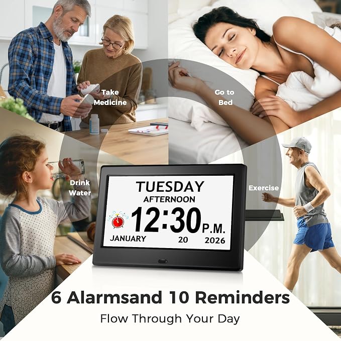 Pastigio 7‘’ Digital Clock, Dementia Clock with Date and Time, 10 Reminders, 6 Alarms, Auto-Dimming, Auto DST, Remote Control, Large Display Alarm Clock for Seniors, Elderly Must Haves Gifts