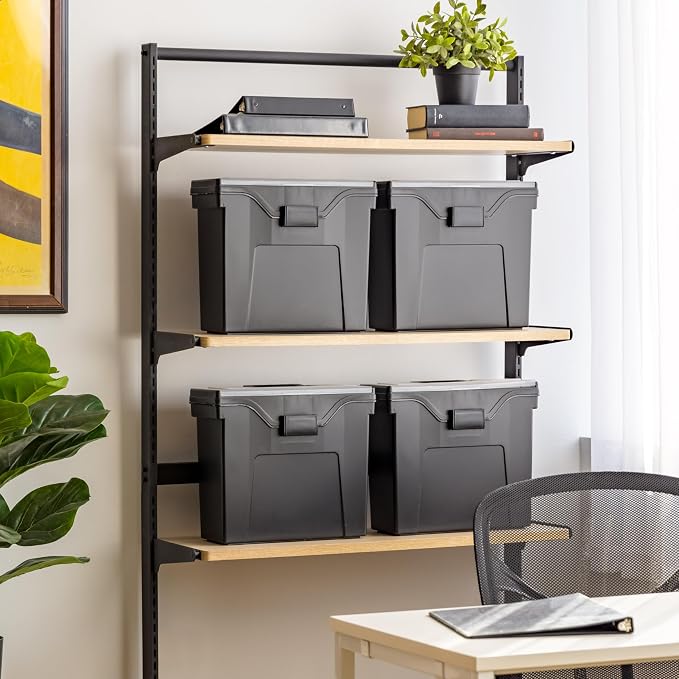 IRIS USA Slim Portable Letter/Legal File Tote Box, 4 Pack, BPA-Free Plastic Storage Bin with Organizer-Lid, Durable, Secure Lid and Handle, Black