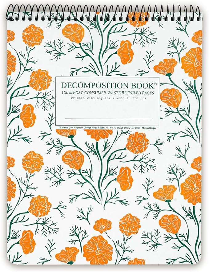 Decomposition Cali Poppies Top Bound Spiral Notebook – 7.5 x 9.75 Journal, College Ruled Lined Pages – Left-Handed Friendly Notebooks Ideal for Students, Artists & Office Professionals – Made in USA