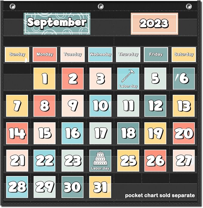 EAMAY Classroom Monthly Calendar Pocket Chart for 2.75 * 2.75 Cards,Homeschool Supplies and Classroom Must Haves! Only Chart(Black)