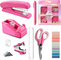 Dimonluce Hot Pink Desk Accessories, Hot Pink Office Supplies Accessories with Tape Dispenser, Stapler, Staple Remover, 1000 Staples, Tape, Clips Set, Ruler, Scissor, Pen