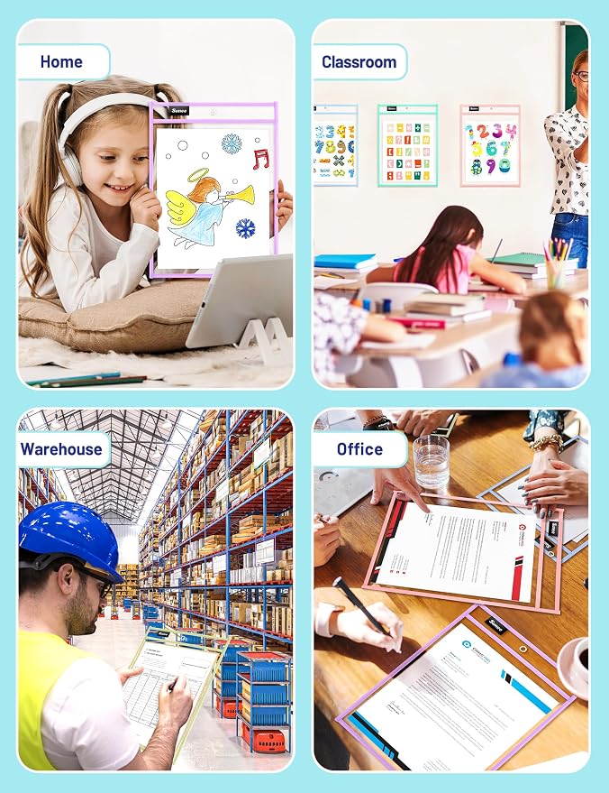 SUNEE 35 Packs Oversized Reusable Dry Erase Pocket Sleeves with 2 Rings, 10 Morandi Colors 10x14 Ticket Holders, Clear Plastic Sheet Protectors, Teacher School Classroom Supplies