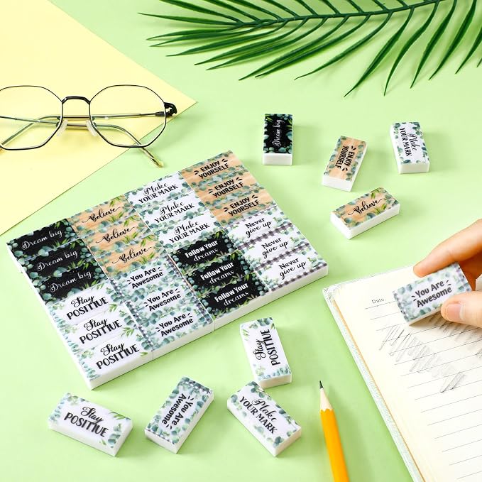 Dunzoom 100 Pcs Back to School Inspirational Pencil Erasers Bulk for Kids Fun Motivational Eraser School Office Supplies for Students Classroom Office Teacher Artists(Eucalyptus Leaf)