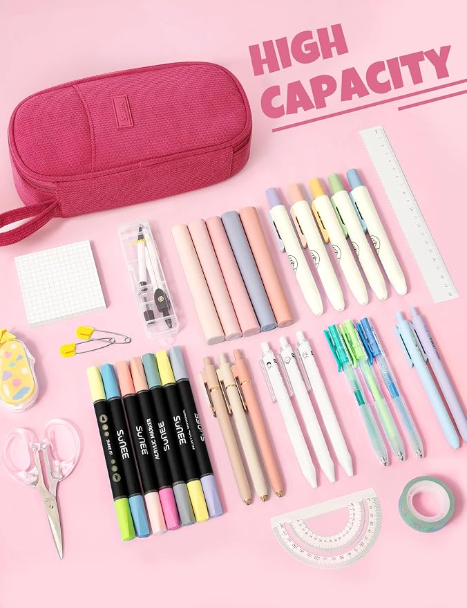 SUNEE Cute Pencil Case, Large Pencil Pouch, Soft Corduroy Fabric Big Pencil Bag with Zipper, Kawaii Pen Bag Stationery Storage and Organizer, School Supplies for Teen, Student, Boys, Girls, Berry Pink