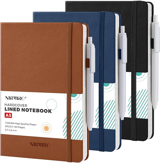 Lined Journal Notebook, with Pen, Leather Hardcover, A5 (5.7"x8.4"), 3 Pack, for Women Men, Work, Writing, Travel