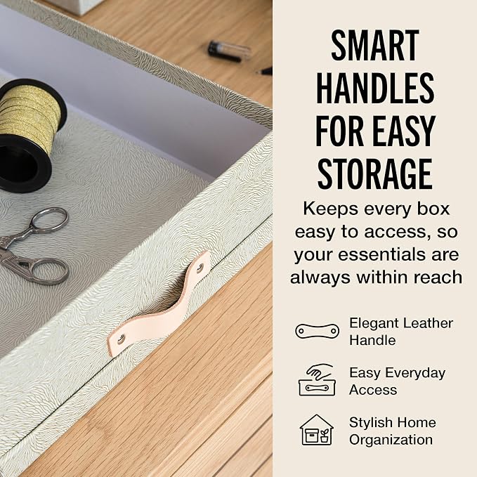 Bigso Oskar Fiberboard Document Storage Box with Lid for A4 and Letter Size Papers - Stylish, Sturdy, and Stackable Keepsake Box with Leather Handle - W10.2in x D13.8in x H3.3in - Waves Gold