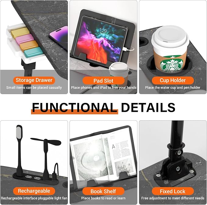 Lap Desk for Bed, Adjustable Laptop Desk with USB Charging Port, Storage Drawer & Bookshelf — Foldable Bed Desk for WFH & Students, 23.6" Desktop Fits 17" Laptop, Non-Slip, Deep Stone Texture